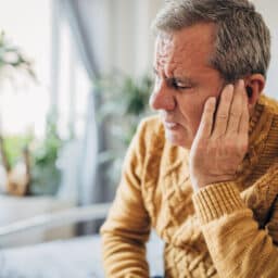 Man with ear pain holding his ear