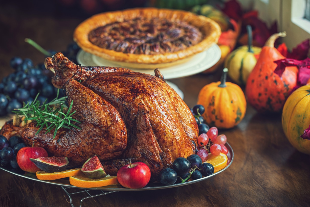 Close up of turkey and pecan pie.